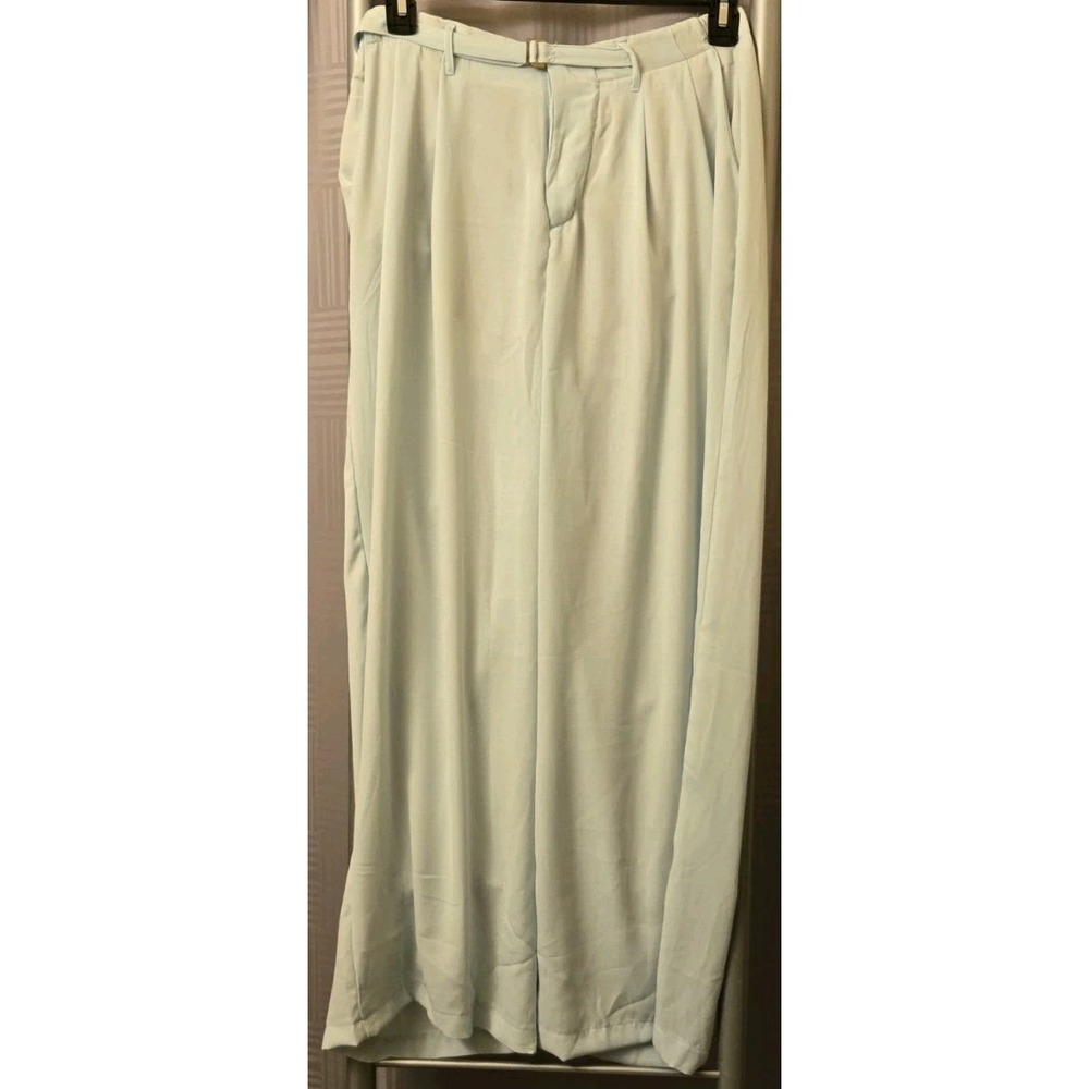 Haute Monde Wide Leg Aqua Blue Women's Palazzo Pants Pockets Large Belted Waist